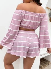 SHEIN LUNE Plus Tie Dye Off Shoulder Tee & Shorts - Lilac Purple - View 2