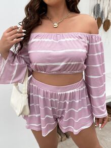 SHEIN LUNE Plus Tie Dye Off Shoulder Tee & Shorts - Lilac Purple - View 4