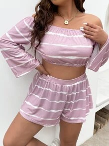 SHEIN LUNE Plus Tie Dye Off Shoulder Tee & Shorts - Lilac Purple - View 5