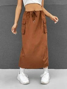SHEINNeu Flap Pocket Drawstring Waist Skirt - Brown - View 3