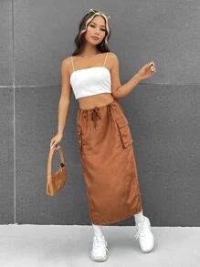 SHEINNeu Flap Pocket Drawstring Waist Skirt - Brown - View 4