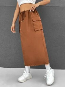 SHEINNeu Flap Pocket Drawstring Waist Skirt - Brown - View 5