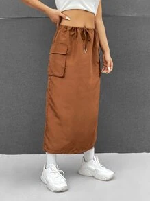 SHEINNeu Flap Pocket Drawstring Waist Skirt - Brown - View 1