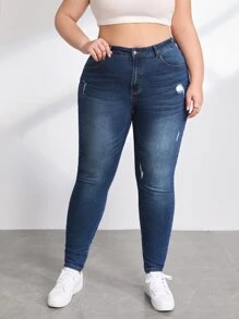 SHEIN Essnce 大碼高腰破洞緊身牛仔褲