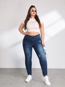 SHEIN Essnce 大碼高腰破洞緊身牛仔褲