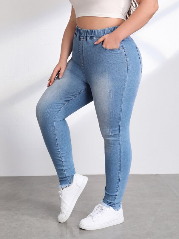SHEIN ICON Plus Size Distressed Wash Skinny Fit Denim Jeans