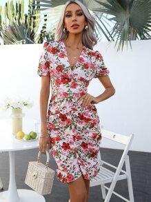 SHEIN LUNE Vestido con estampado floral fruncido - Multicolor - Ver 3