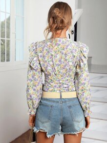 SHEIN VCAY Floral Print Ruffle Trim Ruched Bust Crop Blouse - Multicolor - View 2