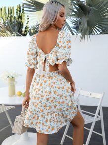 SHEIN VCAY Floral Print Tie Backless Puff Sleeve Dress - White - View 2