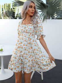 SHEIN VCAY Floral Print Tie Backless Puff Sleeve Dress - White - View 4