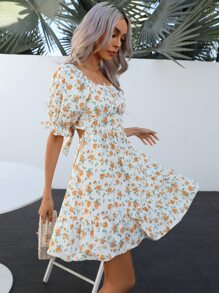 SHEIN VCAY Floral Print Tie Backless Puff Sleeve Dress - White - View 7