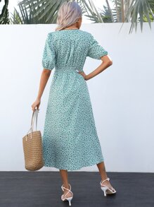 SHEIN VCAY Ditsy Floral Print Puff Sleeve Dress - Green - View 2