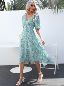 SHEIN VCAY Ditsy Floral Print Puff Sleeve Dress - Green - View 6