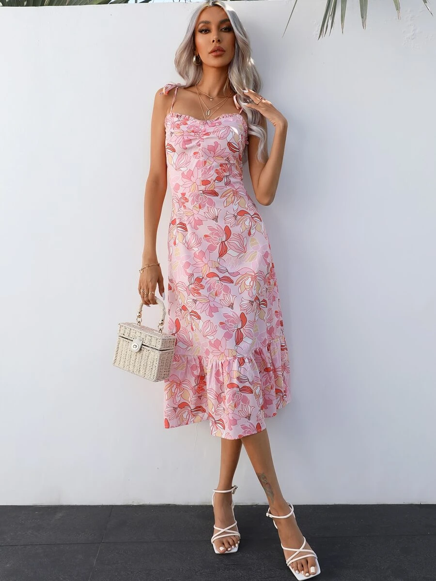 SHEIN VCAY Vestido de tirantes con estampado floral de hombros con cordón bajo con fruncido - Rosa - Ver 1