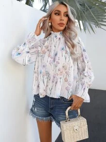 Aveloria Blusa con estampado floral con fruncido de manga con volante - Blanco - Ver 1