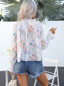 Aveloria Blusa con estampado floral con fruncido de manga con volante - Blanco - Ver 2