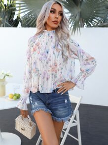 Aveloria Blusa con estampado floral con fruncido de manga con volante - Blanco - Ver 5
