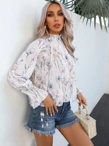 Aveloria Blusa con estampado floral con fruncido de manga con volante - Blanco - Ver 6