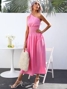 SHEIN VCAY Solid One Shoulder Shirred Waist Dress - Pink - View 3