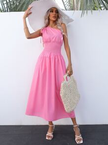 SHEIN VCAY Solid One Shoulder Shirred Waist Dress - Pink - View 6