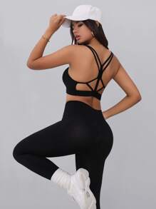 SHEIN Yoga Sxy Medium Support  Softness Sports Bra - Black - View 4