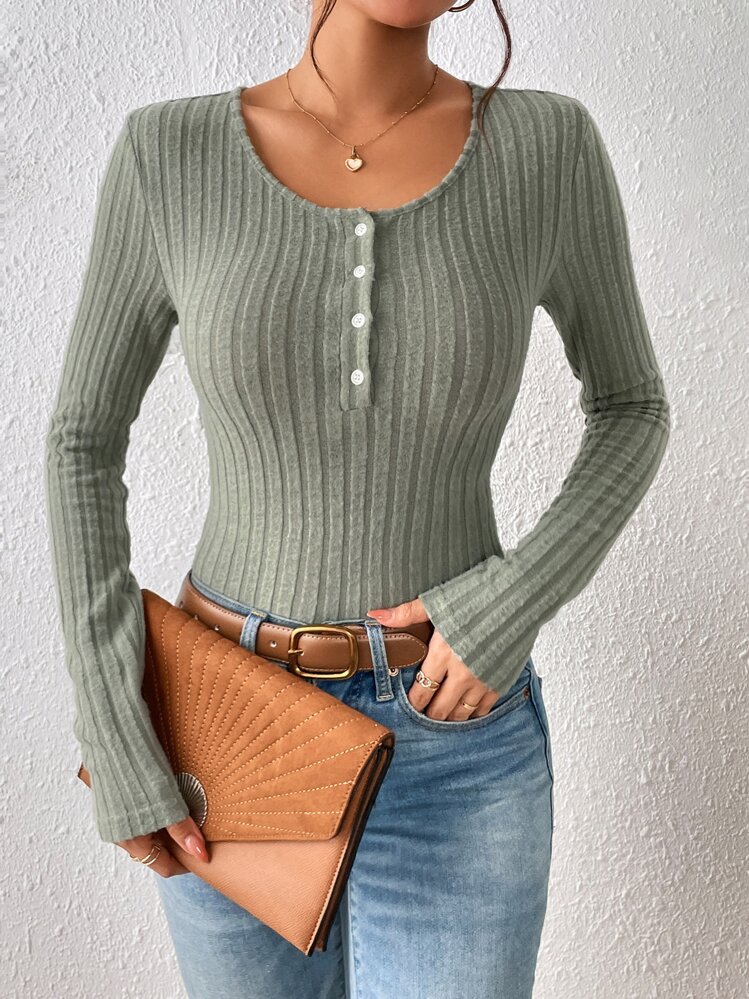 SHEIN Frenchy צלעות-סרוג כפתורים קדמיים פשוט קז'ואל חולצת טי - ירוק - ראה 3