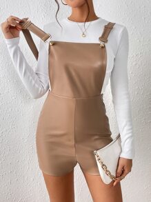 SHEIN Frenchy Solid PU Overall Romper Without Jumper - Khaki - View 5