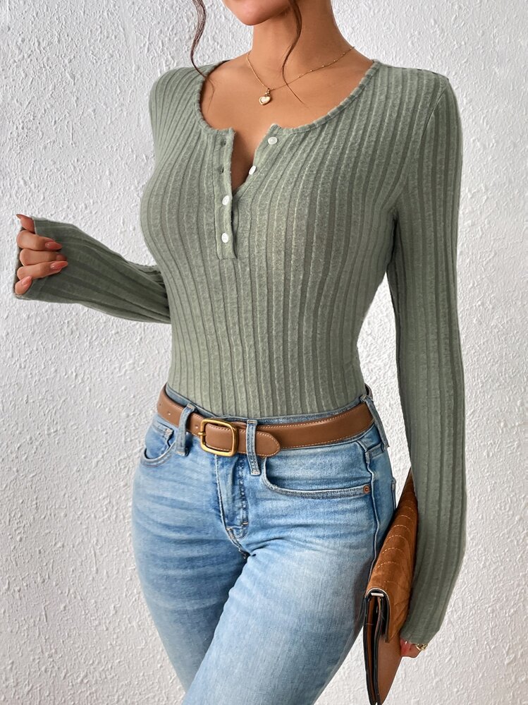 SHEIN Frenchy צלעות-סרוג כפתורים קדמיים פשוט קז'ואל חולצת טי - ירוק - ראה 5