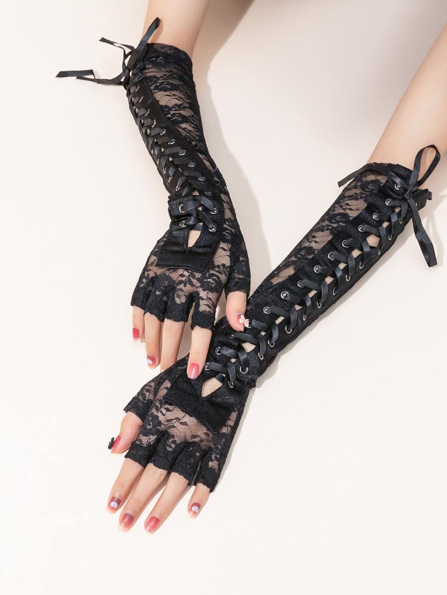 Lace Up Design Gloves - Black - View 1