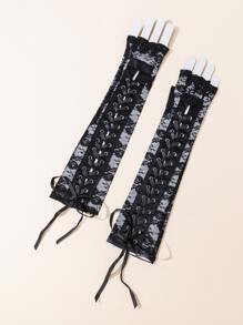 Lace Up Design Gloves - Black - View 3
