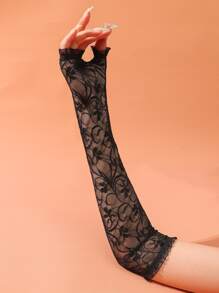 Floral Lace Fingerless Gloves - Black - View 1