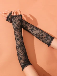 Floral Lace Fingerless Gloves - Black - View 2