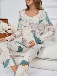 Maternity Plant Print Nursing PJ Set - Multicolor - View 4