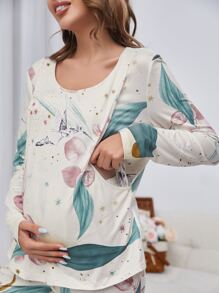 Maternity Plant Print Nursing PJ Set - Multicolor - View 5