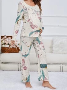 Maternity Plant Print Nursing PJ Set - Multicolor - View 1