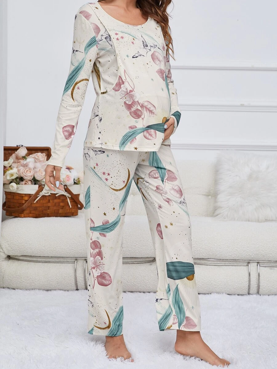 Maternity Plant Print Nursing PJ Set - Multicolor - View 1