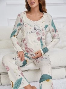 Maternity Plant Print Nursing PJ Set - Multicolor - View 6
