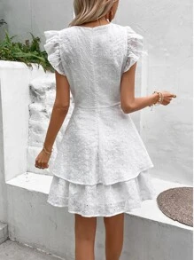 Breezaya Vestido de cuello profundo con cremallera trasera de manga mariposa ribete con fruncido - Blanco - Ver 2