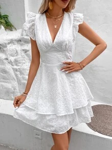Breezaya Vestido de cuello profundo con cremallera trasera de manga mariposa ribete con fruncido - Blanco - Ver 4