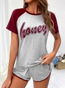 Set homewear con estampado de letra de manga raglán unido en contraste - Multicolor - Ver 3