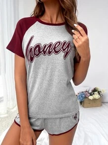 Set homewear con estampado de letra de manga raglán unido en contraste - Multicolor - Ver 4
