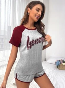 Set homewear con estampado de letra de manga raglán unido en contraste - Multicolor - Ver 5