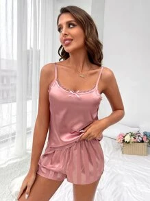 Solid Cami Top & Striped Shorts PJ Set - Pink - View 1