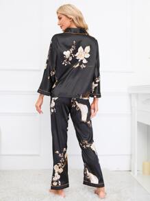 Floral Print Contrast Piping Satin PJ Set - Black - View 2