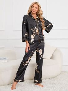 Floral Print Contrast Piping Satin PJ Set - Black - View 3