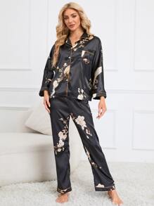 Floral Print Contrast Piping Satin PJ Set - Black - View 6