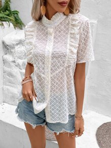 SHEIN Privé Solid Ruffle Trim Shirt - Beige - View 1