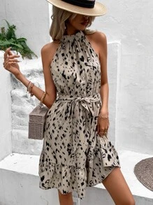 SHEIN LUNE Allover Print Ruffle Hem Belted Halter Dress - Khaki - View 6