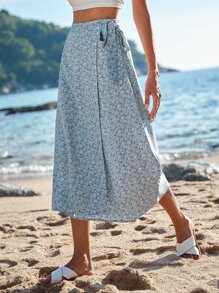 SHEIN VCAY 碎花側打結裹身裙 - 藍色 - 查看 1