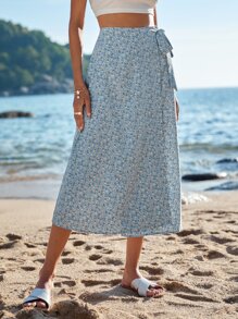 SHEIN VCAY 碎花側打結裹身裙 - 藍色 - 查看 4